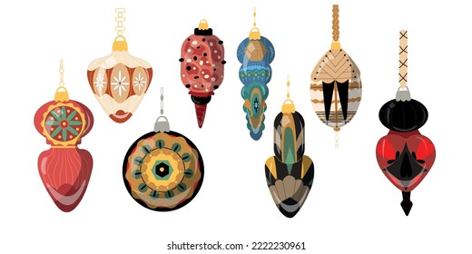Christmas set of colored balls with different patterns for the Christmas tree and for decoration. Vector illustration.