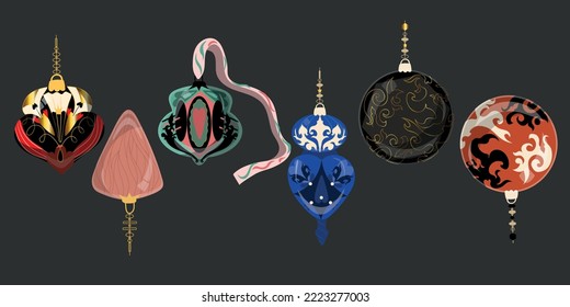 Juego de Navidad de bolas de colores con diferentes patrones para el árbol de Navidad y para la decoración. Ilustración vectorial.