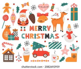 Christmas set with colorful elements, Santa, deer, car with Christmas tree, toys, gifts, vector illustration in flat style