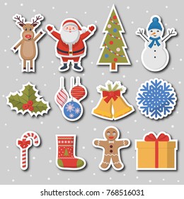 Christmas Set Of Colorful Icons. Santa Claus, deer, Christmas tree, bells, snowflakes, gingerbread man. New Year. Design for banner, sticker, label. Vector illustration.