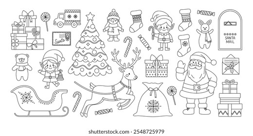 Christmas set coloring page. Outline set with Santa Claus, elves, deer, sleigh, sack, tree, gifts, toys, mailbox, letters, stocking and candies. Santa mail. Holiday collection. Coloring book for print