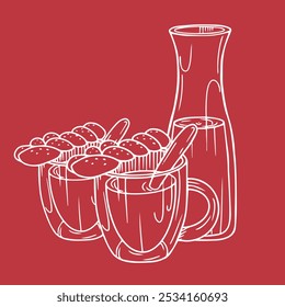 Christmas set composition featuring prepared punch poured into a jug and cups with delicious hand-drawn buns on top. Vector image of punch poured into a jug and glass cups with buns.