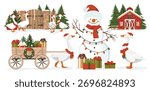 Christmas set of compositions with geese in red hats and scarves. Rural holiday scenes with geese, wooden fence, gift cart, snowman, garland, farmhouse. Illustrated vector clipart. Hand draw no no ai.