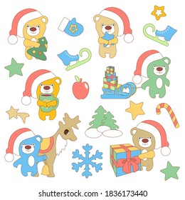 Juego de Navidad compuesto por osos de caricatura en Santa gorra sosteniendo en sus patas una estrella, una taza, un regalo, una campana y un árbol, rodeados de estrellas, patines con trineo, copos de nieve y latas de caramelo, arte de un clip vectorial 