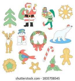 Christmas set consisting of Santa with a bell, an elf carrying gifts, a snowman, snowflakes, a deer, wreath, polar bear birdies, gingerbread man, candy canes and mistletoe, vector clip art on white is