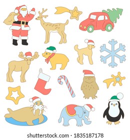 Christmas set consisting of Santa Claus, deer, elk, stars, penguin, walrus, elephant, owl, car and candy canes, color clip art on white isolated background