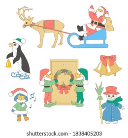 Christmas set consisting of Santa Claus sitting in sleigh driven by reindeer, of elves hanging wreath on the door, a girl singing hymns, skating penguin with bell, snowman holding broomstick, clip art