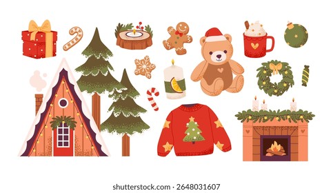 Natal. Ilustração de vetor plana acolhedora com presentes de Natal, biscoitos de gengibre e uma lareira festiva. Elementos de férias de inverno quente.