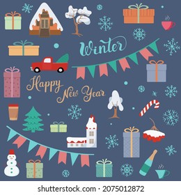 Christmas set for creating a template or flyer about winter games in the snow. Houses, boxes with gifts, cups, a car with a Christmas tree, snowflakes - everything for the design of a holiday card.