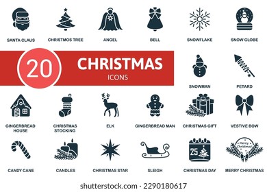 Christmas set. Creative icons: santa claus, christmas tree, angel, bell, snowflake, snow globe, snowman, petard, gingerbread house, christmas stocking, elk, gingerbread man, christmas gift, festive