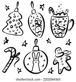 Christmas set - Christmas cup, ball, gingerbread man. Hand drawn style. Vector illustration. Merry Christmas. New Year.