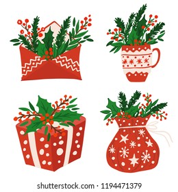 Christmas set - cup, gift box, envelope, Santa Claus bag. Hand drawn style. Vector illustration. Merry Christmas. New Year.