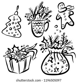 Christmas set - Christmas cup, gift box, Santa Claus bag, gingerbread man, ball. Hand drawn style. Vector illustration. Merry Christmas. New Year.