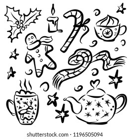Christmas set - cup hot drink, teapot, lollipop, gingerbread man, scarf, holly. Hand drawn style. Vector illustration. Merry Christmas. New Year.