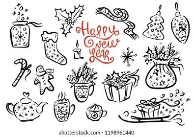 Christmas set - cup hot drink, teapot, lollipop, gift, gingerbread man, sock, balls. Lettering Happy New Year. Hand drawn style. Vector illustration. Merry Christmas.
