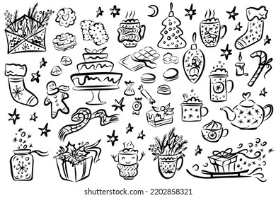 Christmas set - cup hot drink, teapot, lollipop, gift, cookie, sock, balls. Hand drawn style. Vector illustration. Merry Christmas. Happy New Year.