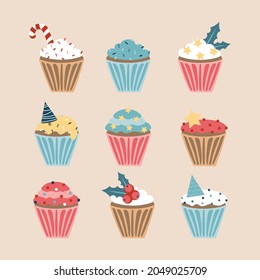 Christmas set of cupcakes and muffins, vector illustration in pastel colors