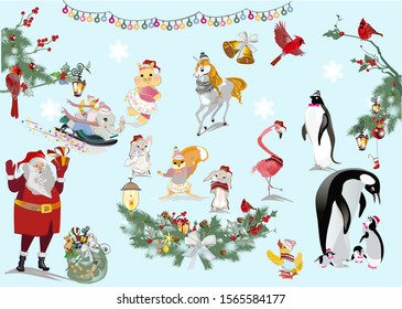 Christmas set of cute animals and birds in winter hats.  Green garland with Santa Claus. Hand drawn vector illustration.