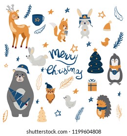 Christmas set with cute animals, hand drawn style. Bear, deer, squirrel, hedgehog, rabbit, owl, bird, penguin, fir-tree. Vector illustration.