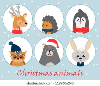 Christmas set with cute animals, hand drawn style. Bear, deer, hedgehog, rabbit, owl, bird, penguin. Vector illustration.