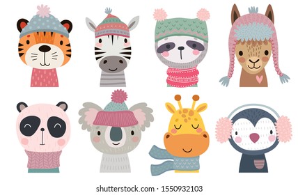 Christmas set with Cute animals. Hand drawn characters. Vector illustration.