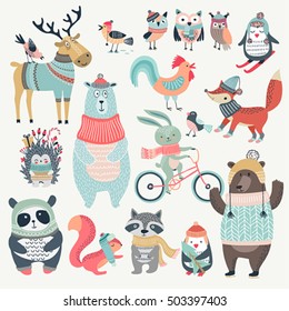 Christmas Set With Cute Animals, Hand Drawn Style. Vector Illustration.