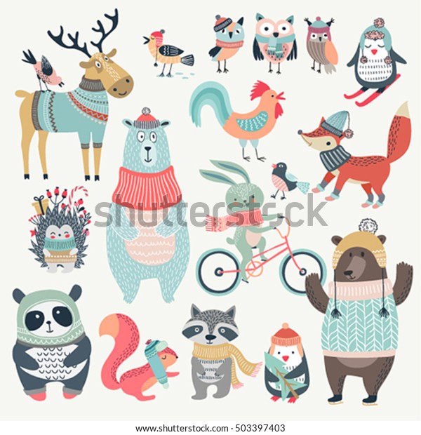 Christmas Set Cute Animals Hand Drawn Stock Vector (Royalty Free) 503397403