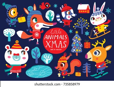 Christmas set with cute animals on a dark-blue background. Childish vector illustration. Winter outdoor activity.