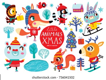 Christmas set with cute animals on a white background. Childish vector illustration. Winter outdoor activity.