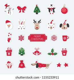Christmas set of cute animals, Santa, Snowman and Christmas objects isolated on neurtal background