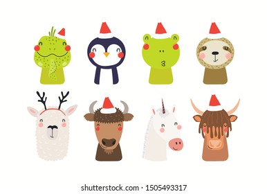 Christmas set with cute animals in Santa Claus hats. Isolated objects on white background. Hand drawn vector illustration. Scandinavian style flat design. Concept, element for kids print, invite, card