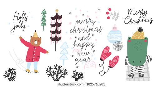 Christmas set. Cute animals, Christmas tree, calligraphy, and other winter elements. Vector hand drawn illustration