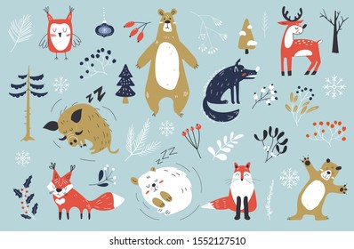 Christmas set with cute animals. Winter characters. Woodland animals hand drawn. Christmas sketch drawing. Vector illustration.