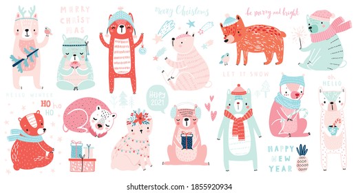 Christmas set with Cute Bears  celebrating Christmas eve, handwritten letterings and other elements. Funny characters. Vector illustration.