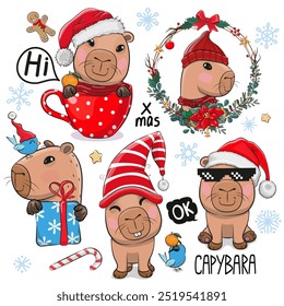 Christmas Set of Cute Cartoon Capybara isolated on a white background