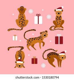 Christmas set of cute cartoon leopards. Funny african animals with presents and snowflakes on pink background. Flat vector illustartion.