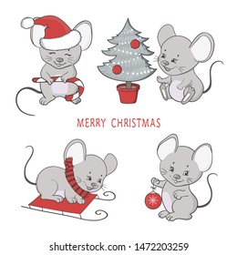 Christmas set of cute cartoon mouse. Vector winter illustration.