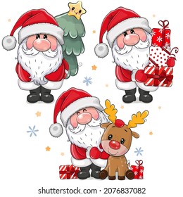 Christmas set with Cute Cartoon Santa Claus on a white background