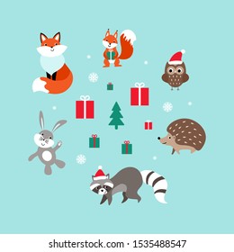 Christmas set of cute cartoon woodland animals. Nice characters with presents and snow. Flat vector illustration.