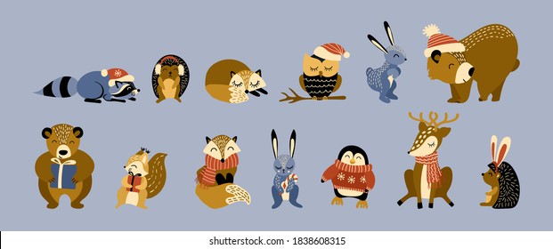 Christmas Set Of Cute Cartoon Woodland Animals. Winter Forest Characters. Vector Illustration.