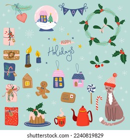 Christmas set. Cute cat in Santa hat, toys, wreath, sweets and gifts. Beautiful Winter palette. Vector illustrations in childish hand-drawn Scandinavian style.