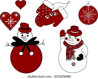 Christmas set of cute characters and holiday elements . Illustration isolated on white background. Design for logo, textile, print, holiday decor, Christmas decoration