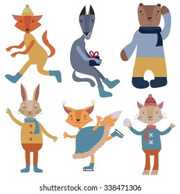 Christmas Set with Cute Childish Forest Animals. Vector illustration of Fox, Wolf, Squirrel, Rabbit, Cat, Bear in Winter Clothes. Funny Animals Characters.