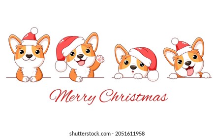Christmas set of cute corgi dog. Borders with kawaii welsh corgi puppy in Santa hats. Xmas collection of dogs with different emotion - funny, happy, surprised, sticking out tongue. Vector EPS8