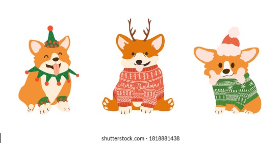 Christmas Set Of Cute Corgi In Ugly Sweaters. Funny Pet In Xmas Costume. Dog In Deers Antlers, Elf Dress And Santa Hat. Vector