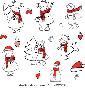 christmas set of cute cow vector cartoon character