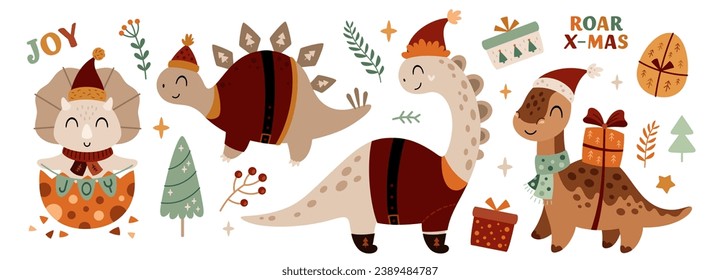 Christmas set of cute dinosaurs and festive seasonal elements. Isolated a white background. Hand drawn vector illustration in flat style