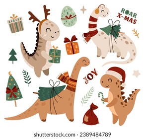Christmas set of cute dinosaurs and festive seasonal elements. Isolated a white background. Hand drawn vector illustration in flat style