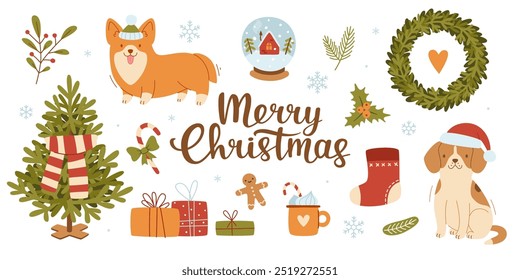 Christmas set with cute dogs and season decor. Cartoon vector xmas collection. Winter bundle.