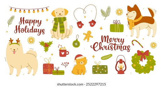 Christmas set with cute dogs and season decor. Cartoon vector cozy collection. Festive dog bundle.